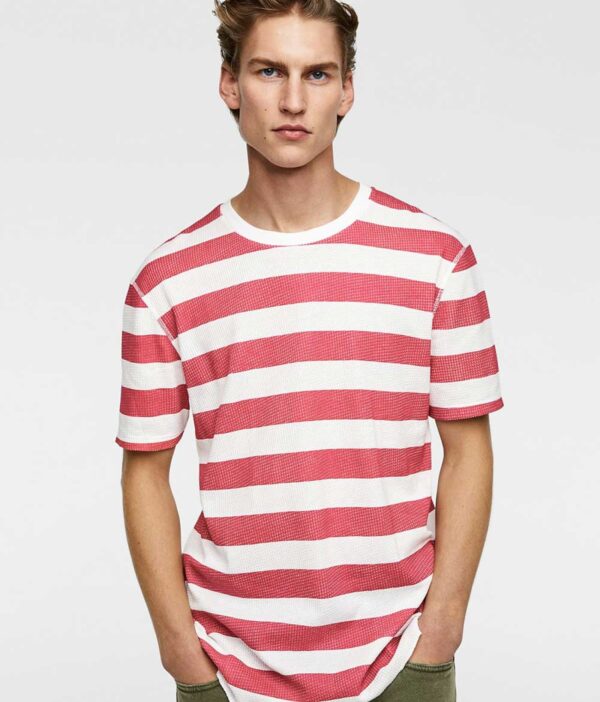 Classic Over Sized White With Pink Lines Round Neck T Shirt