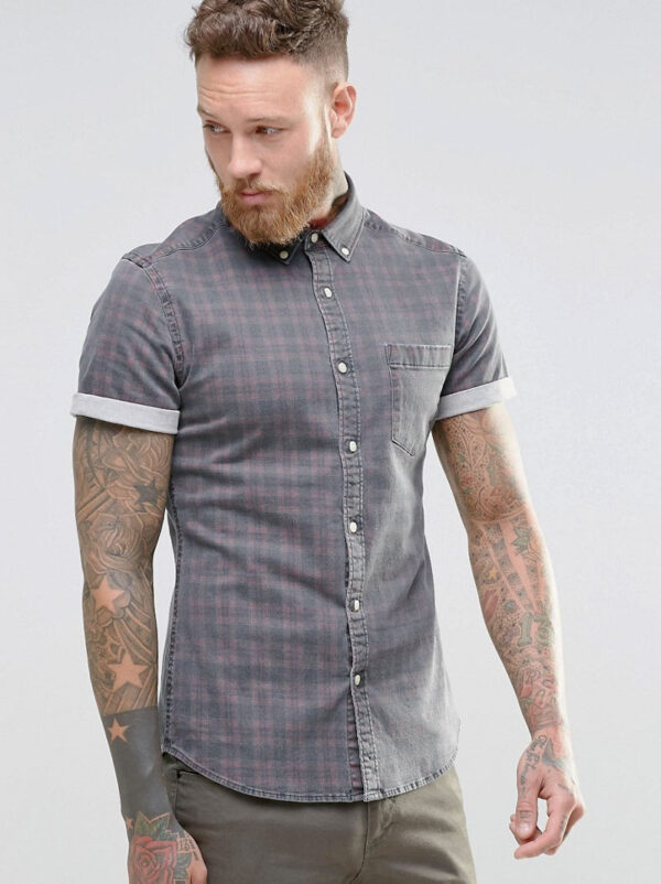 Fitted Style Gray Check Half Sleeves Shirt
