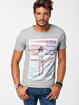 Men's Light Gray T Shirt With American Flag Design