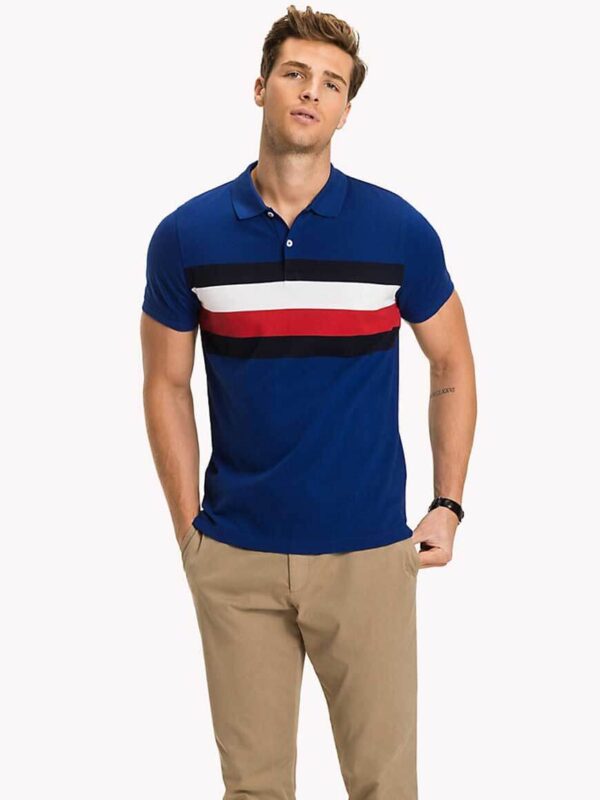 Classic Style Blue With 4 Lines With Collar Polo T Shirt