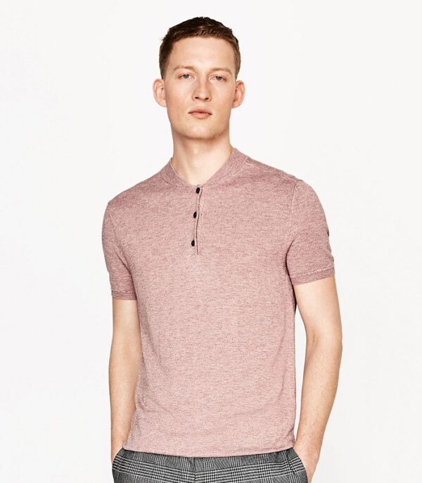Fitted Rich Style Pink T Shirt with 3 Buttons